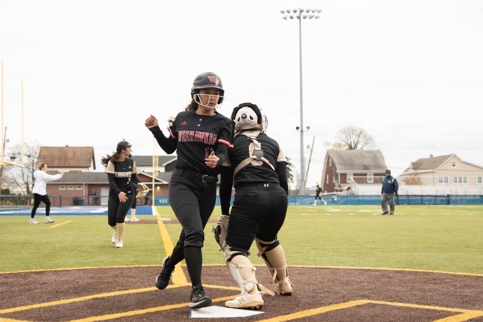 Apr 13, 2024; Wood-Ridge, NJ, USA; Bergen Tech softball vs. Weehawken in the annual Donna Ricker Tournament in Wood-Ridge. W #13 Sanaya Rodriguez scores a run.