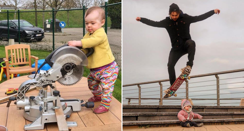 Images from 'onadventurewithdad' including his daughter operating a power tool and using his daughter as a skate ramp