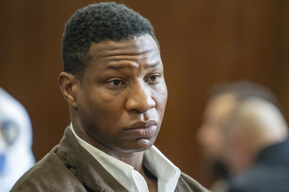 Jonathan Majors is seen in court during a hearing in his domestic violence case, Tuesday, June 20, 2023 in New York. Majors’ domestic violence case will go to trial Aug. 3, the judge said Tuesday, casting him in a real-life courtroom drama as his idled Hollywood career hangs in the balance. (AP Photo/Steven Hirsch, Pool)