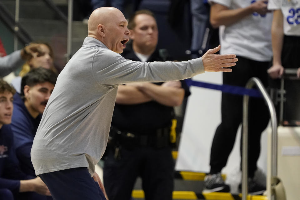 Saint Mary's coach Randy Bennett yells at an official during the first half of the team's NCAA college basketball game against BYU on Saturday, Jan. 28, 2023, in Provo, Utah. (AP Photo/George Frey)