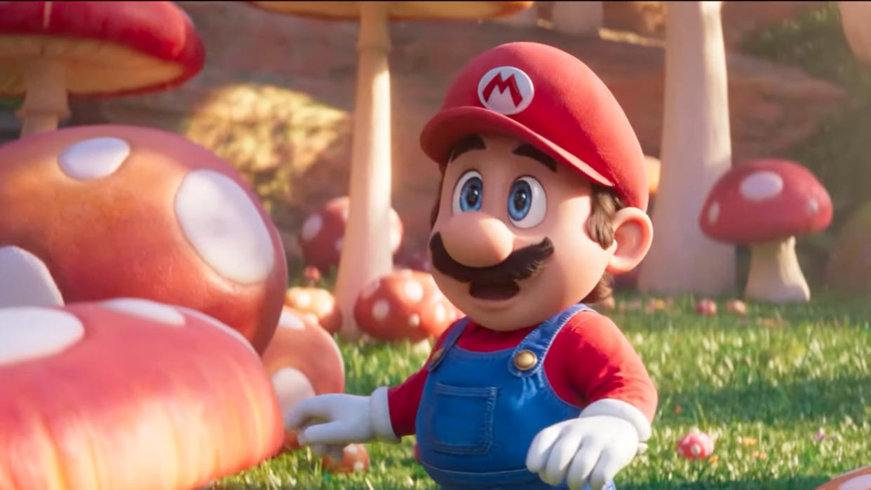  Mario (voiced by Chris Pratt) in the Super Mario Movie, surrounded by mushrooms. 