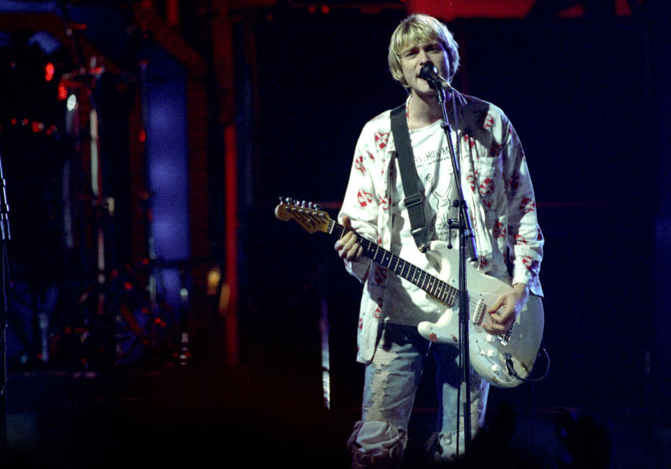 Kurt Cobain of Nirvana during 1992 MTV Video Music Awards in Los Angeles, California, United States. (Photo by Jeff Kravitz/FilmMagic, Inc)