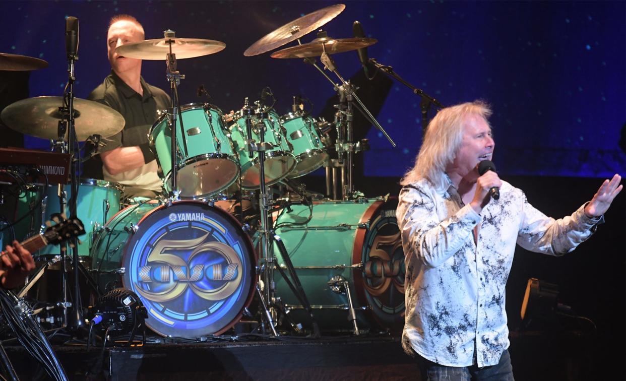 FILE - Kansas performs in front of a packed house at the Hanover Theatre in Worcester, MA during their "Another Fork in the Road, 50th Anniversary Tour" on Thursday, Oct. 12, 2023. They will perform in Evans on Nov. 15.