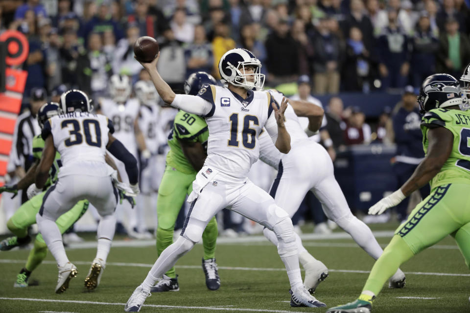Los Angeles Rams quarterback Jared Goff throws a pass against the Seattle Seahawks during the first half of an NFL football game Thursday, Oct. 3, 2019, in Seattle. (AP Photo/Elaine Thompson)