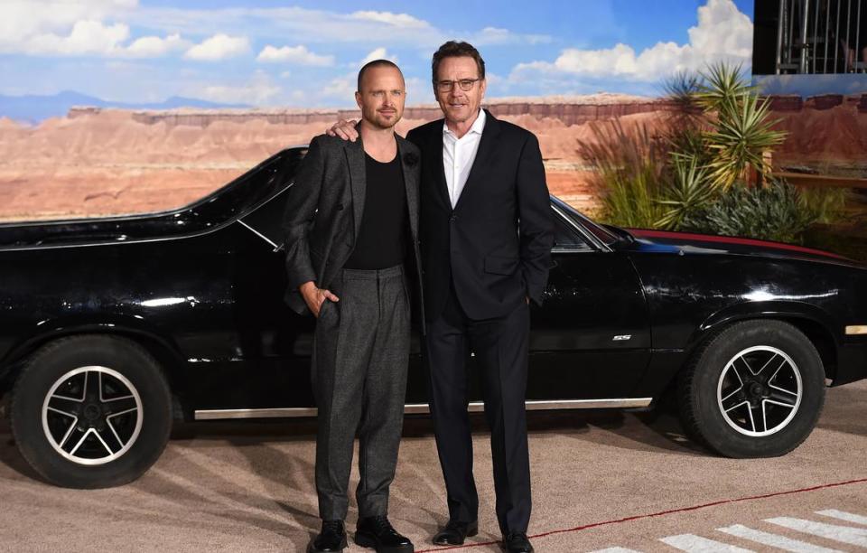 Bryan Cranston and Aaron Paul arrive at the Los Angeles premiere of “El Camino: A Breaking Bad Movie” at the Regency Village Theatre on Monday, Oct. 7, 2019 in Westwood, Calif. (Photo by Jordan Strauss/Invision/AP)