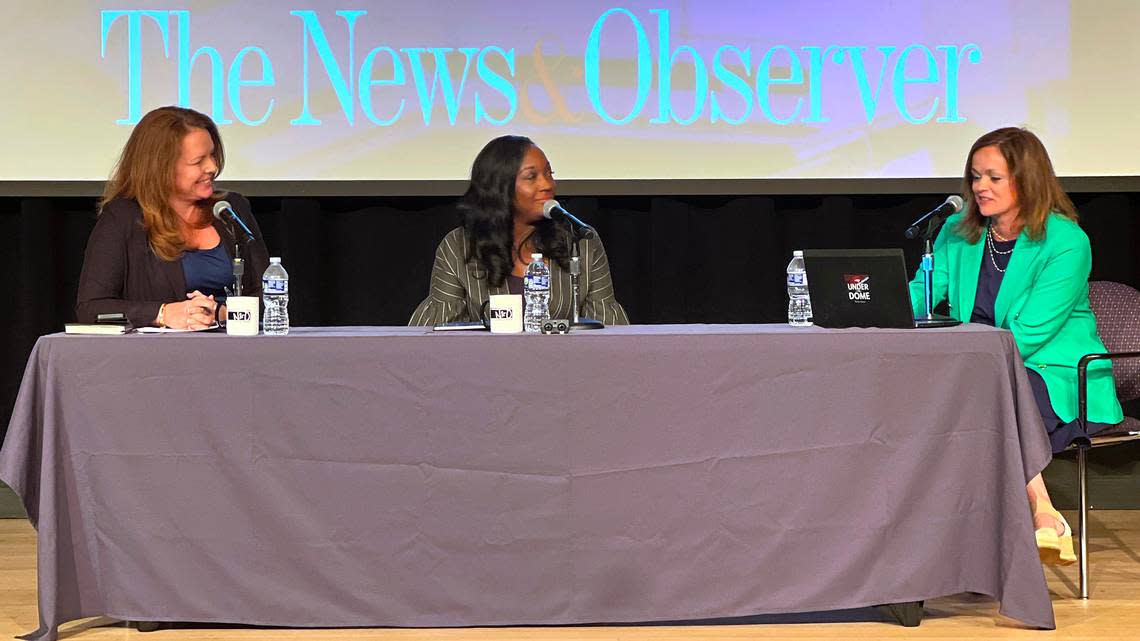 News & Observer Capitol Bureau Chief Dawn Baumgartner Vaughn (right) leads a conversation with State Sen. Vickie Sawyer, a Republican from Mecklenburg County (left) and Sen. Natalie Murdock, (center), a Democrat representing Durham and Chatham counties.