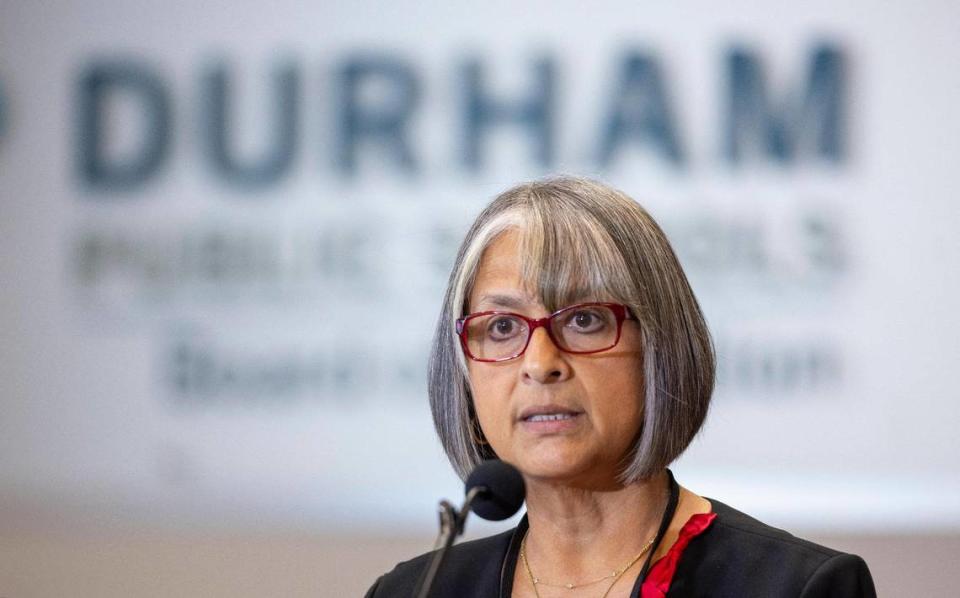 Catty Moore, Interim Superintendent of Durham Schools, fields questions following her introduction at a press briefing on Wednesday, February 14, 2024 in Durham, N.C.