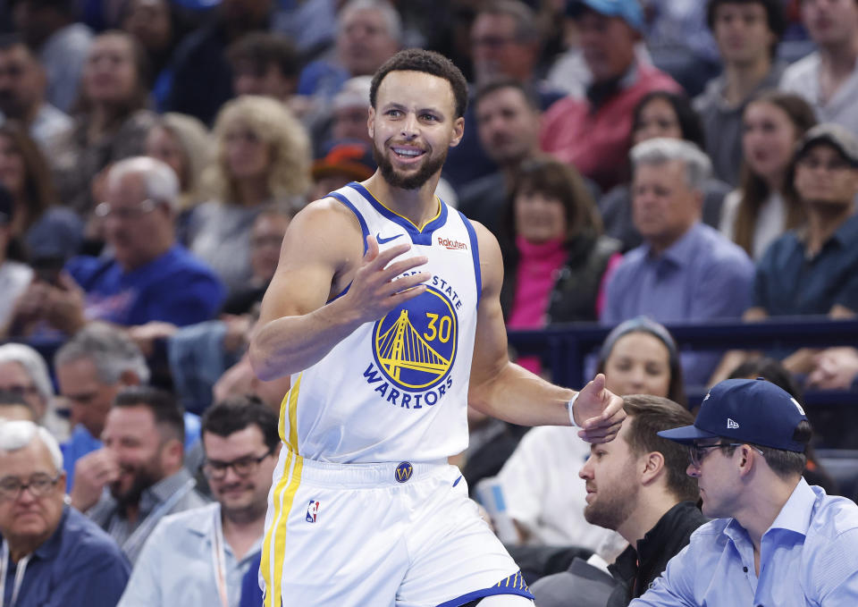 Nov 3, 2023; Oklahoma City, Oklahoma, USA; Golden State Warriors guard Stephen Curry (30) reacts after a play against the Oklahoma City Thunder during the second quarter at Paycom Center. Mandatory Credit: Alonzo Adams-USA TODAY Sports