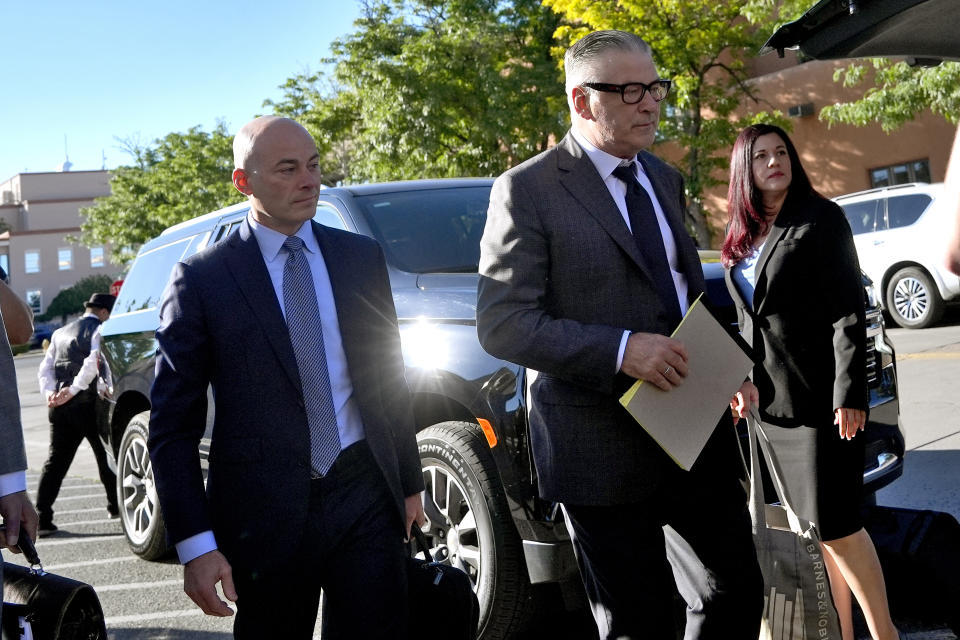 Actor Alec Baldwin, right, and attorney Luke Nikas, arrive for jury selection in his involuntary manslaughter trial, Tuesday, July 9, 2024, in Santa Fe, N.M. (AP Photo/Ross D. Franklin)