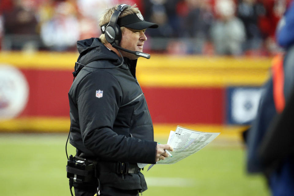 Oakland Raiders head coach Jon Gruden watches the first half of an NFL football game against the Kansas City Chiefs in Kansas City, Mo., Sunday, Dec. 30, 2018. (AP Photo/Charlie Riedel)