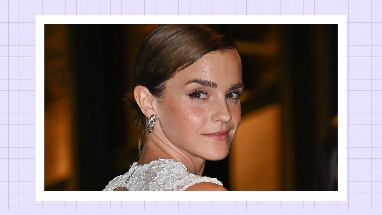  Emma Watson wears a white lace dress as she attends the Caring for Women Dinner at The Pool on Park Avenue on September 15, 2022 in New York City. / in a lilac template 