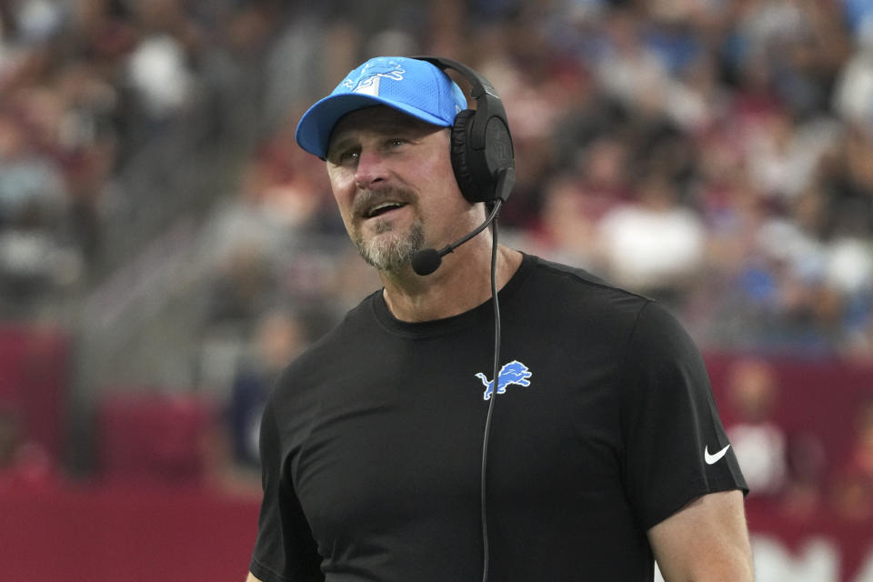 Detroit Lions head coach Dave Campbell watches against the Arizona Cardinals during the second half of an NFL football game Sunday, Sept. 22, 2024, in Glendale, Ariz. (AP Photo/Rick Scuteri)