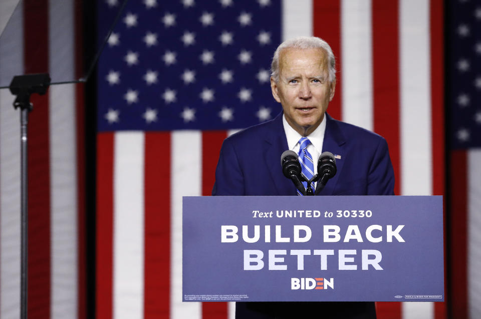 Democratic presidential candidate, former Vice President Joe Biden speaks during a campaign event, Tuesday, July 14, 2020, in Wilmington, Del. (AP Photo/Patrick Semansky)