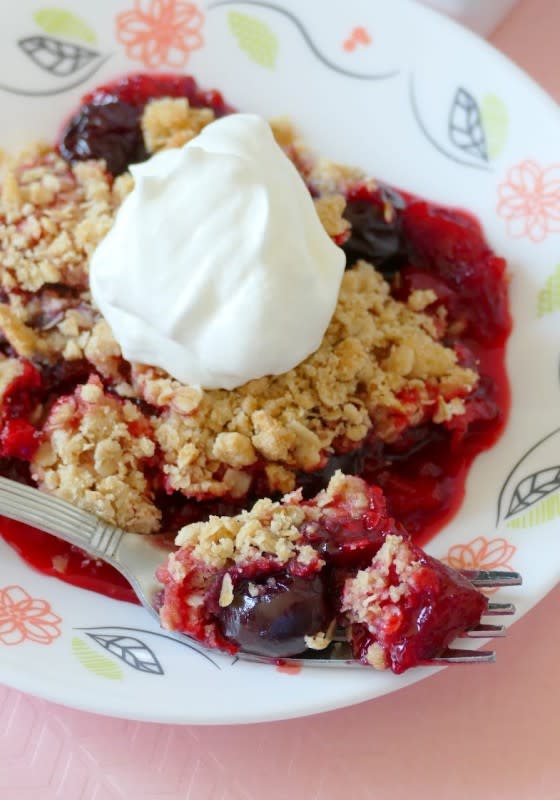 <p>Hot Eats and Cool Reads</p><p>The flavors of rhubarb and cherry marry so well together in this fruity crisp.</p><p><strong>Get the recipe: <a href="https://www.hoteatsandcoolreads.com/2018/05/rhubarb-cherry-crisp-dessert-recipe.html" rel="nofollow noopener" target="_blank" data-ylk="slk:Rhubarb Cherry Crisp;elm:context_link;itc:0;sec:content-canvas" class="link ">Rhubarb Cherry Crisp</a></strong></p><p><strong>Related: <a href="https://www.yahoo.com/lifestyle/30-best-apple-cobblers-crisps-183000890.html" data-ylk="slk:30 Best Apple Cobbler and Crisp Recipes For Fall;elm:context_link;itc:0;sec:content-canvas;outcm:mb_qualified_link;_E:mb_qualified_link;ct:story;" class="link  yahoo-link">30 Best Apple Cobbler and Crisp Recipes For Fall</a></strong></p>
