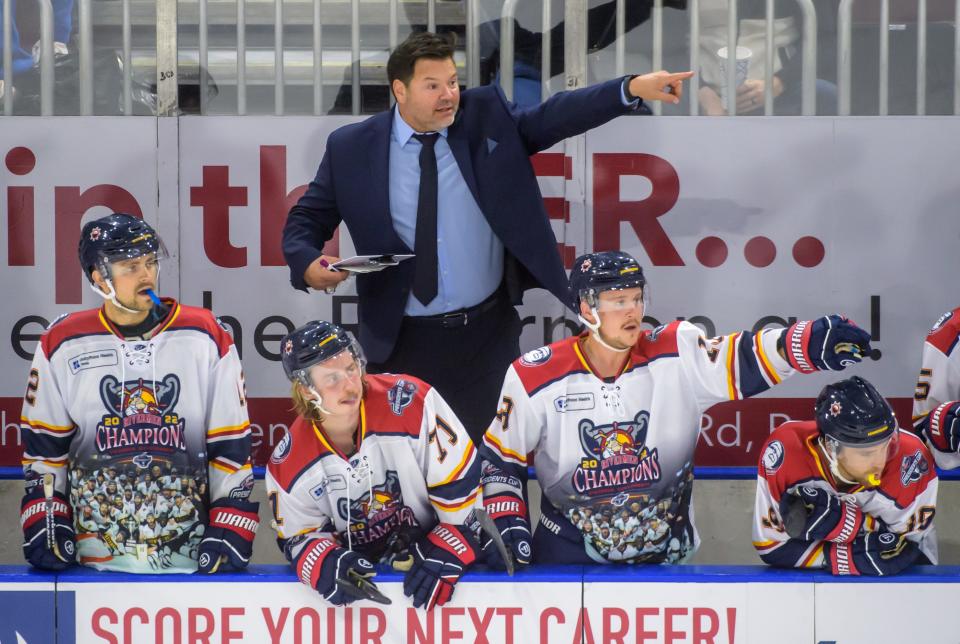 Peoria Rivermen head coach Jean-Guy Trudel directs his team against the Quad City Storm in the third period Saturday, Oct. 22, 2022 at Carver Arena. The Rivermen fell 2-1 in their home opener.