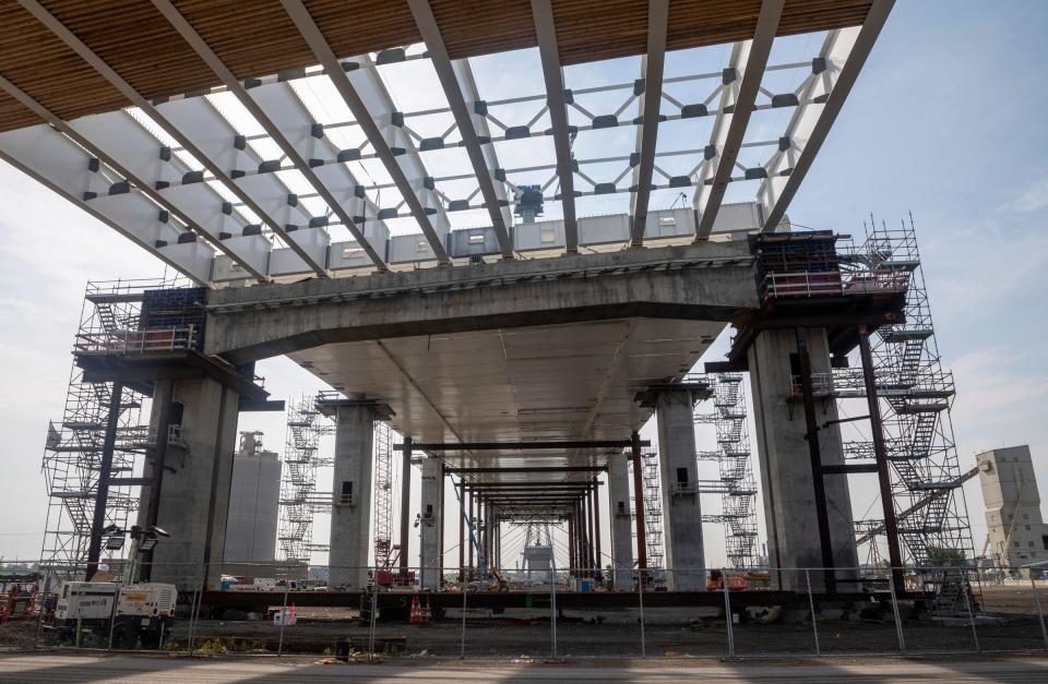 The bottom of the Gordie Howe International Bridge in Detroit on Tuesday, Aug. 8, 2023.