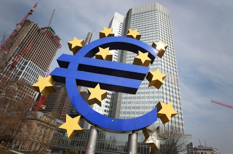 The Euro logo in front of the European Central Bank (ECB) in Frankfurt am Main, central Germany, on April 4, 2013. The debt crisis that has engulfed several eurozone nations, most notably Greece, has led to speculation of a possible break-up of the monetary union