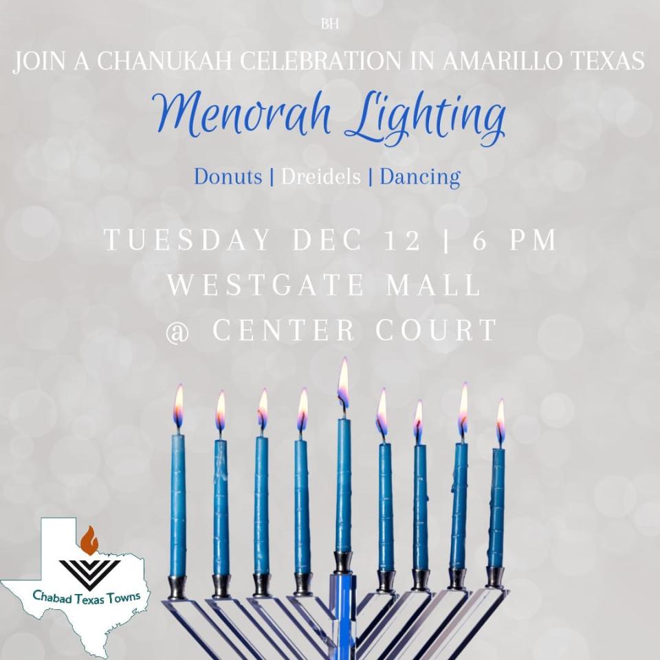 Organizers said the “Roving Rabbis” will be lighting a giant 9-foot Hanukkah Menorah at the Westgate Mall in Amarillo at 6 p.m. Tuesday, Dec. 12, the sixth night of the eight-day Festival of Lights.