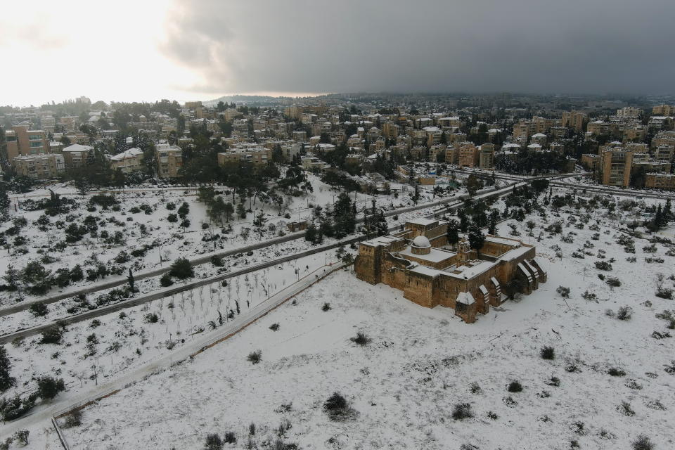 <p>An aerial view shows the Monastery of the Cross in snow-covered Jerusalem, January 27, 2022. Picture taken with a drone. REUTERS/Ilan Rosenberg</p>
