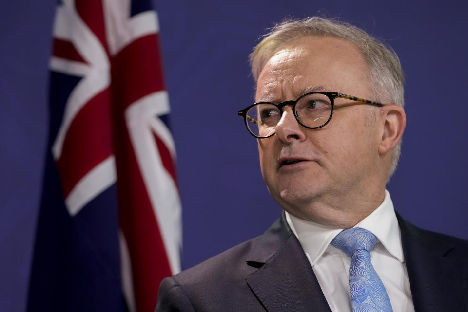 Australian Prime Minister Anthony Albanese holds a joint press conference with New Zealand Prime Minister Christopher Luxon at the Commonwealth Parliament Offices in Sydney, Australia, Wednesday, Dec. 20, 2023. The one day visit is Luxon's first official overseas visit as New Zealand Prime Minister.(AP Photo/Mark Baker)