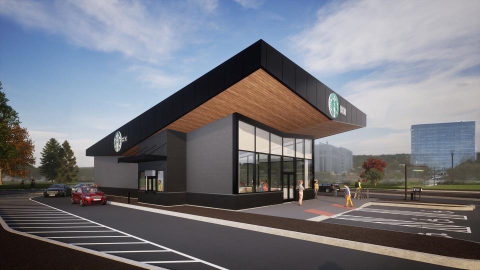 Artist's rendition of the proposed Starbucks on Route 3 in Clifton. The 2,800 square foot Starbucks would have highway access  to the ON3 campus and could be open by next summer. In the background, is the Hackensack Meridian School of Medicine and Eisai, Inc. a Japanese pharmaceutical firm.