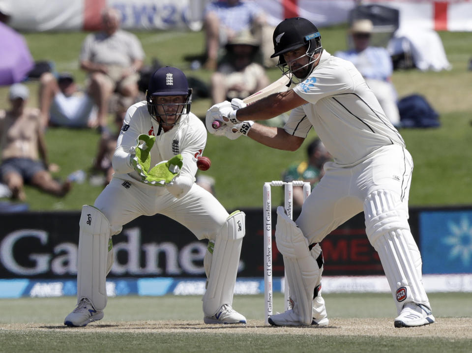 New Zealand's Colin de Grandhomme bats during play on day three of the first cricket test between England and New Zealand at Bay Oval in Mount Maunganui, New Zealand, Saturday, Nov. 23, 2019. (AP Photo/Mark Baker)