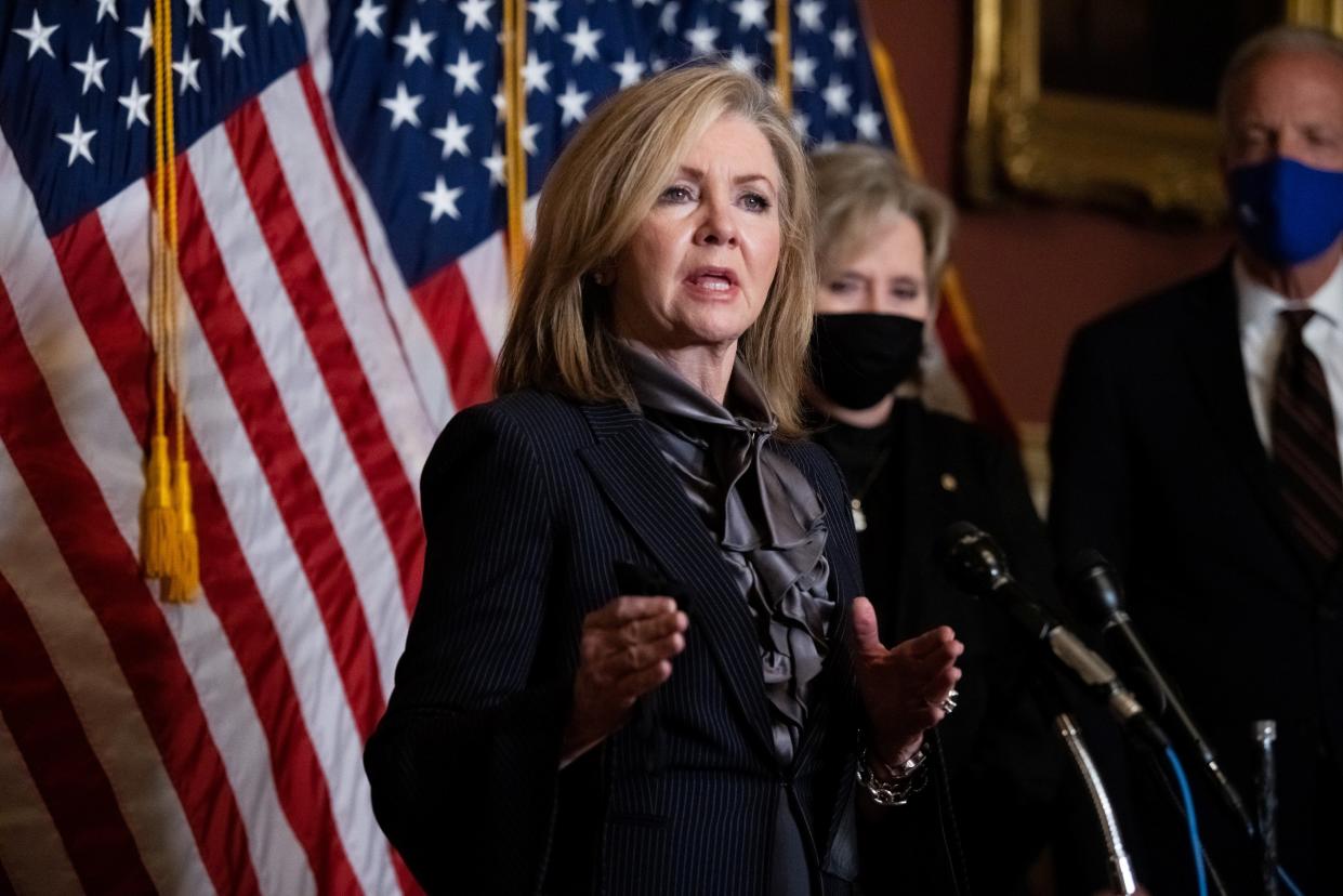 <p>Tennessee Senator Marsha Blackburn speaks during a news conference</p> (REUTERS)