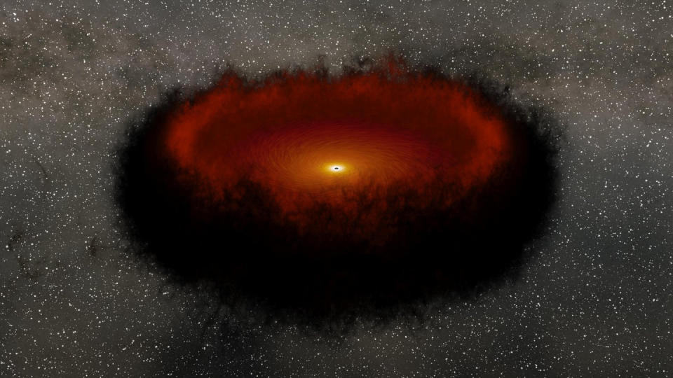  An illustration of a supermassive black hole ringed with a fiery orange accretion disk ending in a thick ring of black dust 