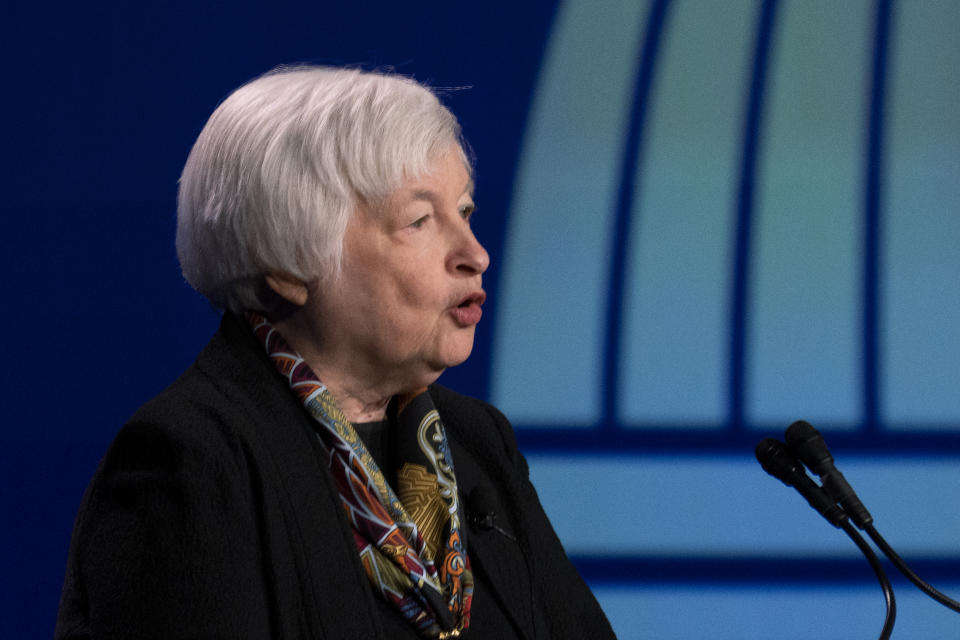 Treasury Secretary Janet Yellen speaks to the American Bankers Association, Tuesday, March 21, 2023, in Washington. (AP Photo/Manuel Balce Ceneta)