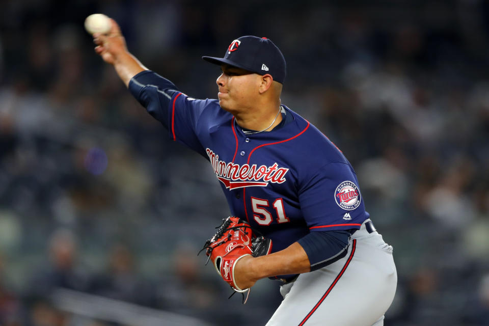 BRONX, NY - OCTOBER 04: Brusdar Graterol #51 of the Minnesota Twins pitches during the eighth inning of the  ALDS Game 1 between the Minnesota Twins and the New York Yankees at Yankee Stadium on Friday, October 4, 2019 in the Bronx borough of New York City. (Photo by Alex Trautwig/MLB Photos via Getty Images)