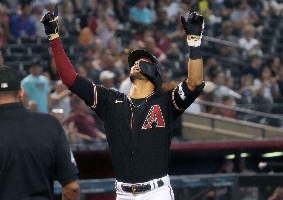 Arizona Diamondbacks' Lourdes Gurriel Jr. (12) celebrates his solo home run against the Washington Nationals at Chase Field on May 7, 2023.