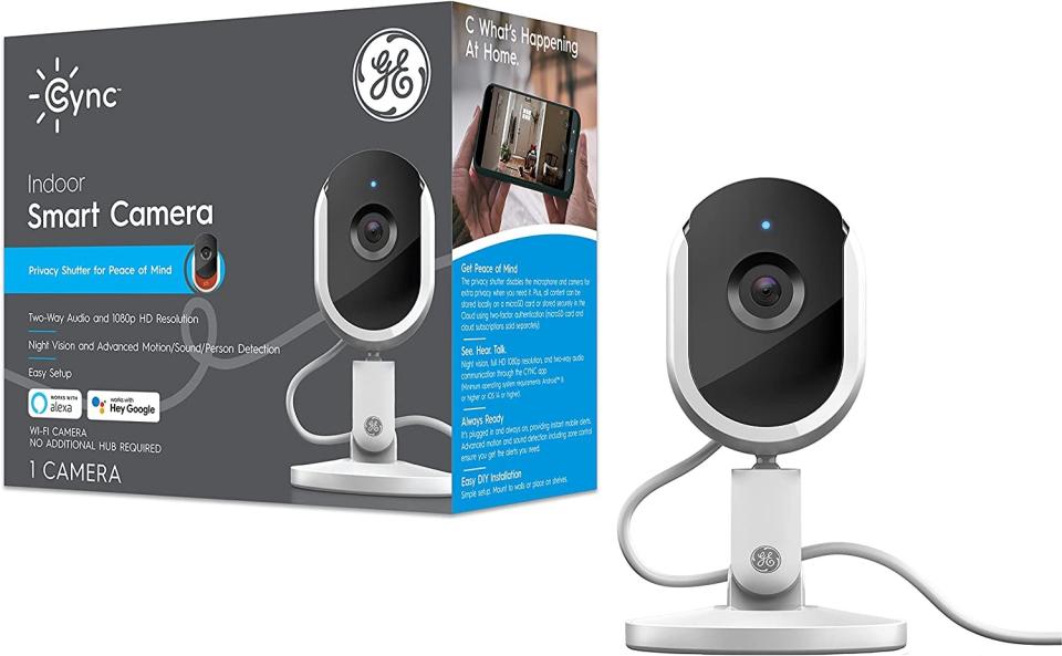 Image of GE CYNC Smart Indoor Security Camera against white background.