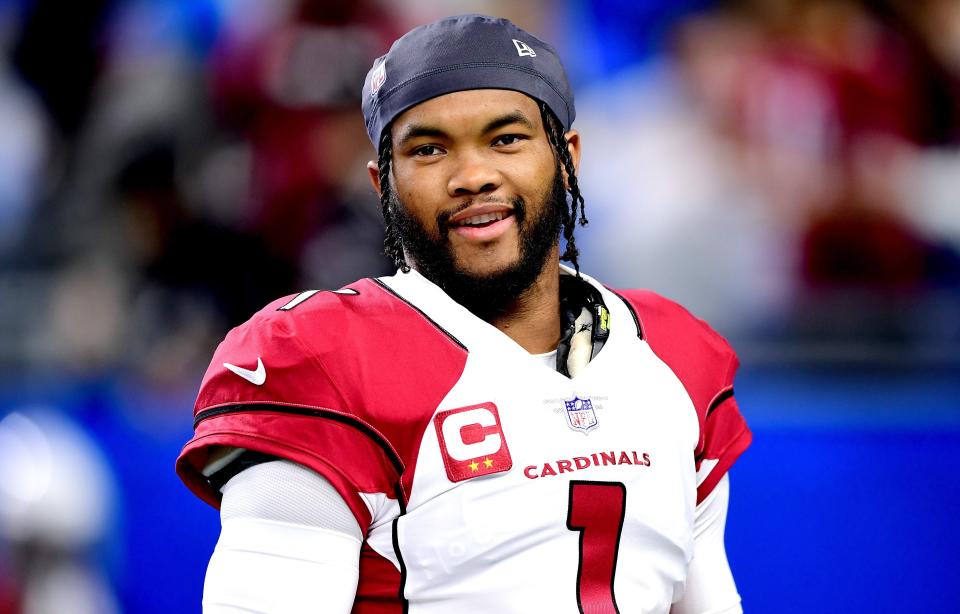 DETROIT, MICHIGAN - DECEMBER 19: Kyler Murray #1 of the Arizona Cardinals looks on during warm-up before the game against the Detroit Lions at Ford Field on December 19, 2021 in Detroit, Michigan. (Photo by Emilee Chinn/Getty Images)