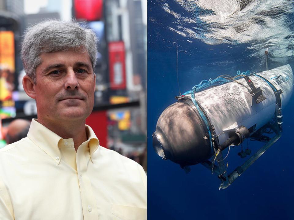 A composite of Stockton Rush standing in Times Square, New York, and the Titan submersible diving into the water.