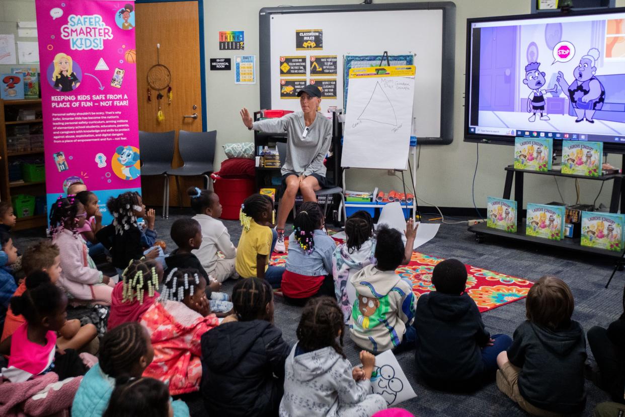 Sen. Lauren Book teaches techniques for students at Sabal Palm Elementary to utilize when setting boundaries and creating safe environments Monday, April 22, 2024.