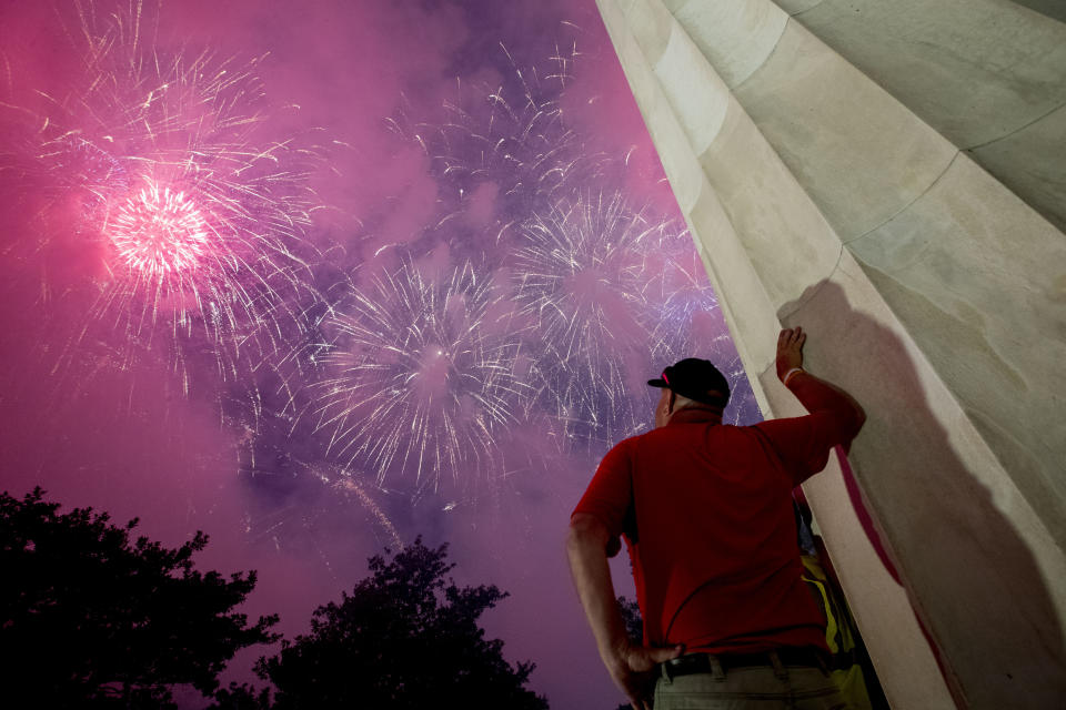 Fireworks seen from the Lincoln Memorial explode over the Potomac River for Independence Day, Thursday, July 4, 2019, in Washington. (AP Photo/Andrew Harnik)