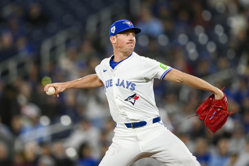 Toronto Blue Jays pitcher Chris Bassitt throws the ball during first inning MLB baseball action against the New York Yankees in Toronto on Monday, April 15, 2024. THE CANADIAN PRESS/Christopher Katsarov/The Canadian Press via AP)