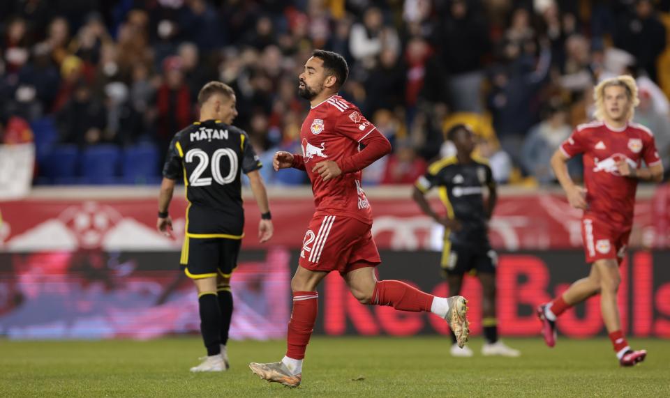 Mar 18, 2023; Harrison, New Jersey, USA; New York Red Bulls midfielder Luquinhas (82) celebrates after scoring their first goal against Columbus Crew SC at Red Bull Arena. Mandatory Credit: Vincent Carchietta-USA TODAY Sports