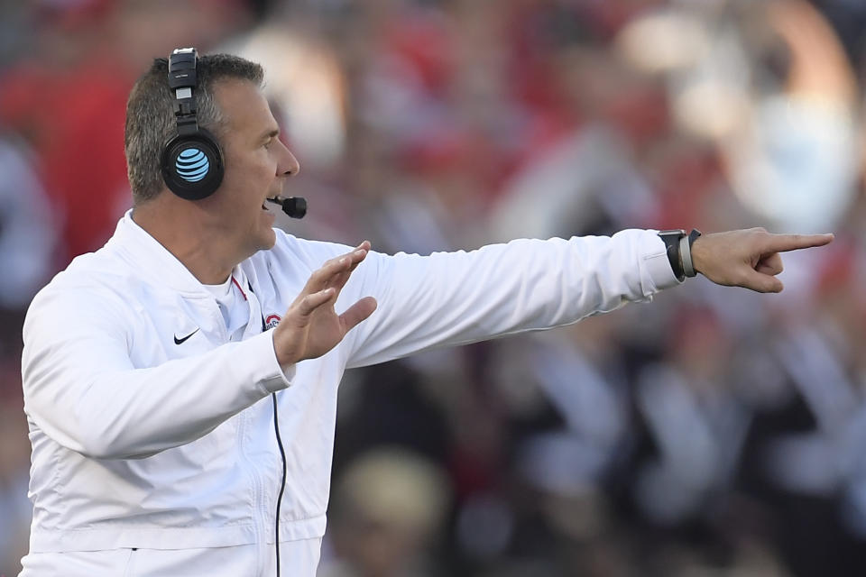 Ohio State coach Urban Meyer yells during the first half of the team’s Rose Bowl NCAA college football game against Washington on Tuesday, Jan. 1, 2019, in Pasadena, Calif. (AP Photo/Mark J. Terrill)