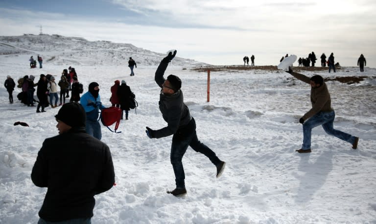 Arab boys throw snowballs at their friends at the Israeli Mount Hermon ski resort, in the Israeli-occupied Golan Heights