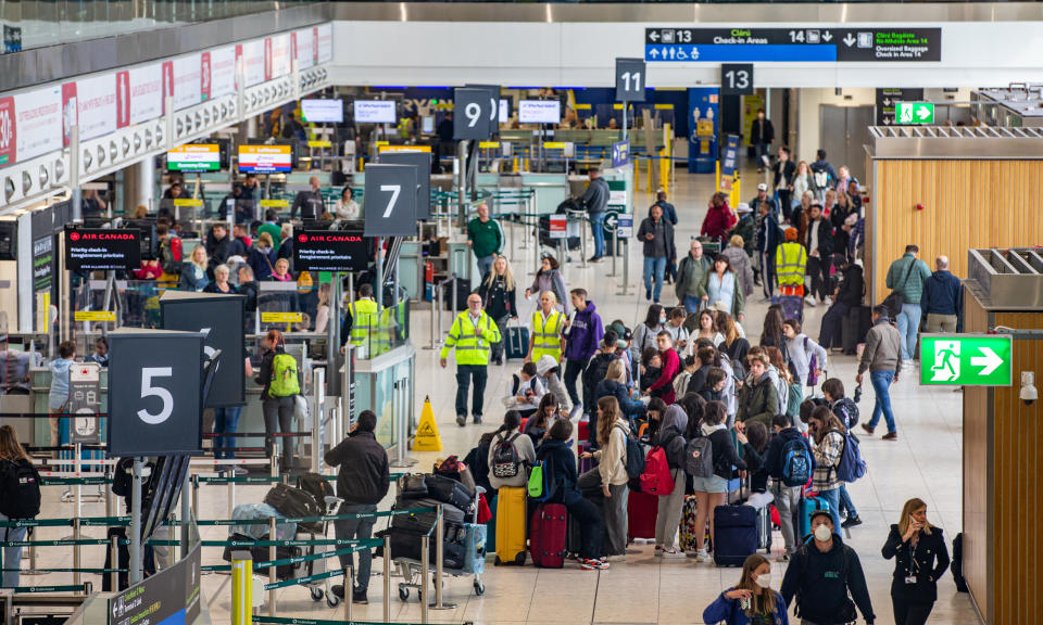 Passengers arrive at Dublin airport on Friday morning as around 200,000 people are set to travel through the airport over the bank holiday weekend where new measures, including the installation of marquees at Terminal 1 for passengers forced to queue outside, have been deployed. Picture date: Friday June 3, 2022. (Photo by Damien Storan/PA Images via Getty Images)