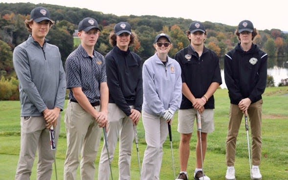 St. Paul golf starting lineup, from left, Leyton Riendeau, Robbie Reynolds, Cam Swank, Caroline Dubrey and Aiden Boyce.