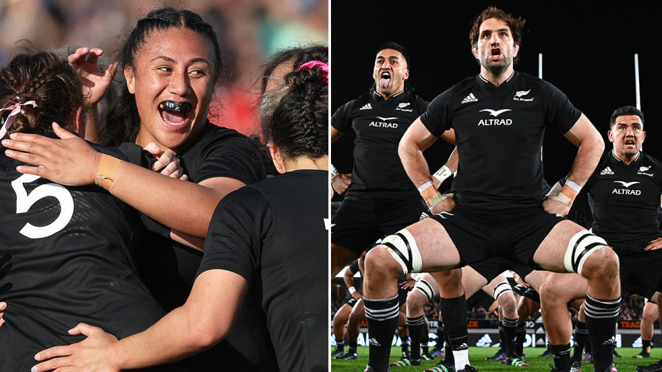 Pictured left is the New Zealand Women's Rugby side and the All Blacks on the right.