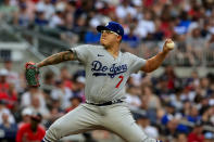 Los Angeles Dodgers starting pitcher Julio Urias throws during the second inning of a baseball game against the Atlanta Braves, Friday, June 24, 2022, in Atlanta. (AP Photo/Butch Dill)