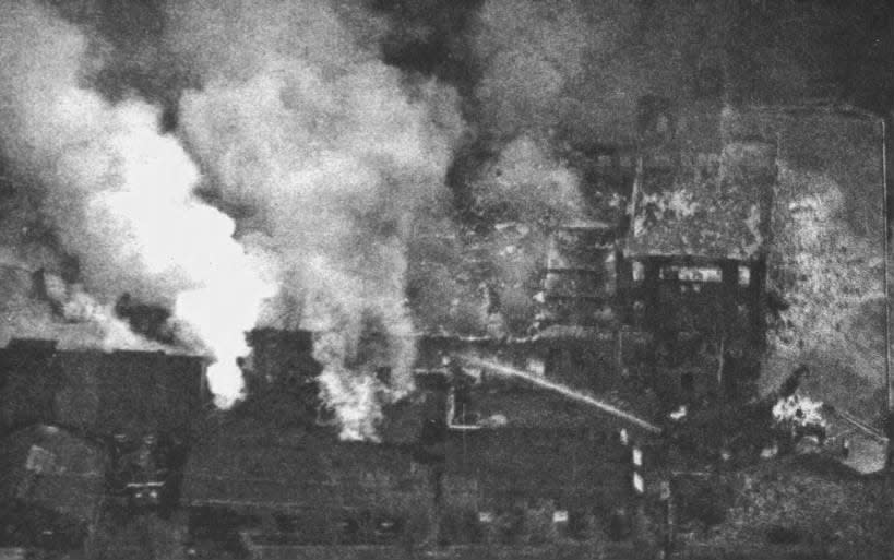 Within minutes of a cutting machine explosion, fire had ravaged large sections of the Industrial Foam Corp. plant, which manufactured plastics.
