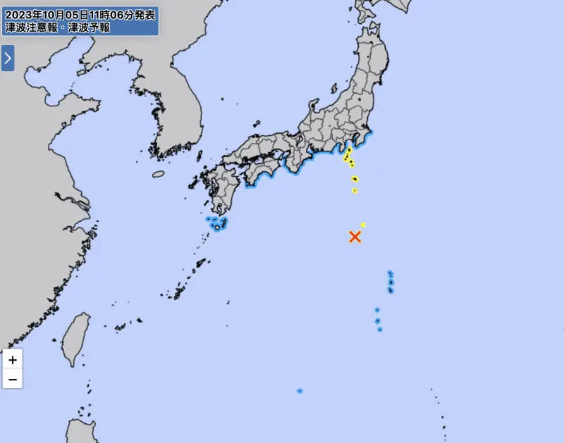 ▲日本氣象廳向伊豆群島發布海嘯警報。（圖／翻攝自日本氣象廳）