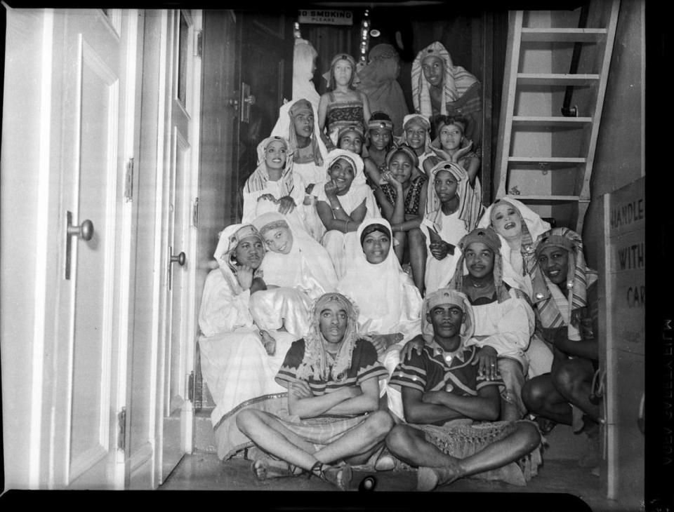 Backstage at the National Negro Opera Company’s “Aida” on Oct. 30, 1941, with the cast in their Egyptian costumes.