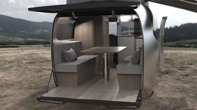 A render of the rear of the Airstream Porsche trailer. 