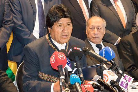 Bolivian President Evo Morales speaks at a news conference after the opening of hearings at the World Court in The Hague, the Netherlands March 19, 2018. REUTERS/David Morales NO RESALES. NO ARCHIVES.