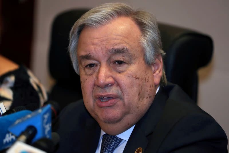 FILE PHOTO: Antonio Guterres, United Nations Secretary General, speaks at a news conference at the 32nd Ordinary Session of the Assembly of the Heads of State and the Government of the African Union in Addis Ababa